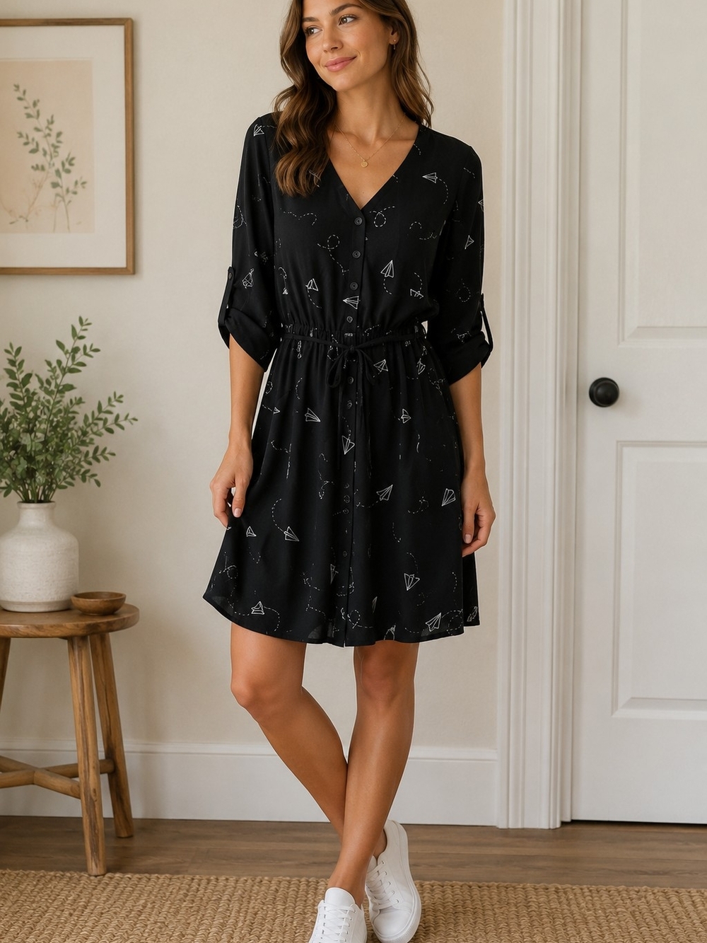 Mimi Chica Black Dress with Adorable Paper Airplane Print